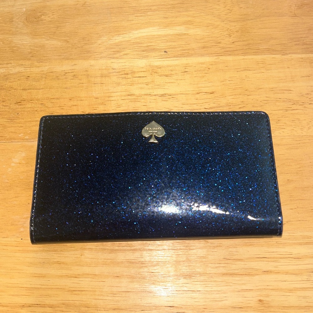 Kate Spade Midnight Blue Glitter Patent Long Snap Wallet VGUC